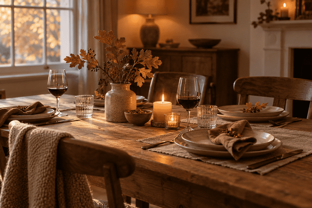 Gemuetliche Herbsttafel im Kerze